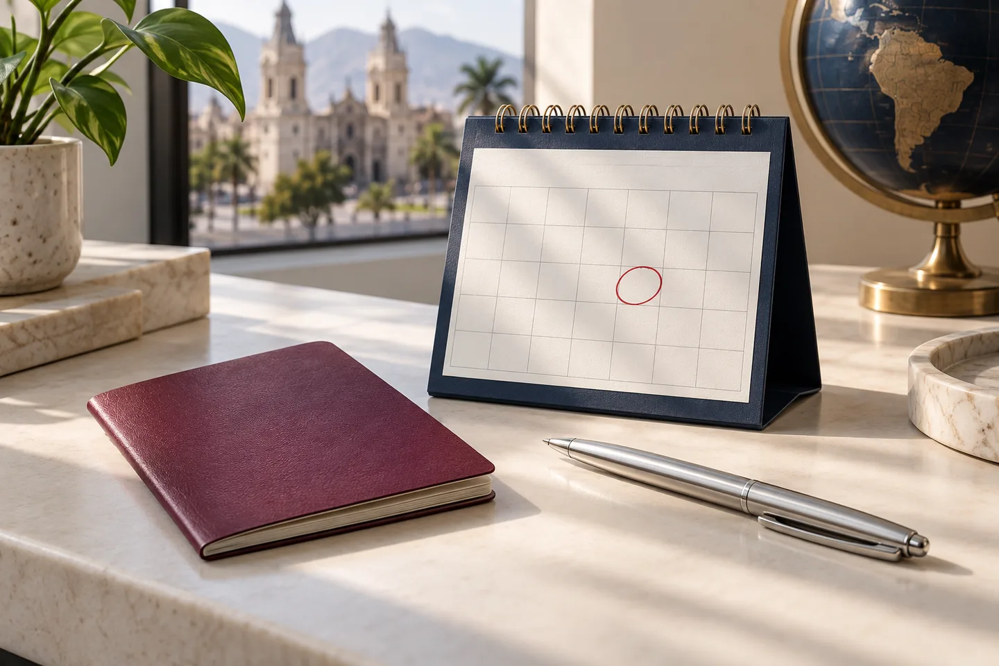 Calendario de escritorio junto a un cuaderno de viaje y un bolígrafo.