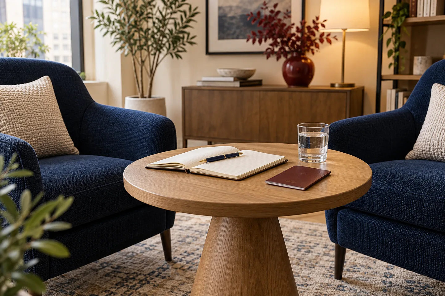 Dos sillones frente a una mesa con un cuaderno y un bolígrafo para una conversación de preparación.