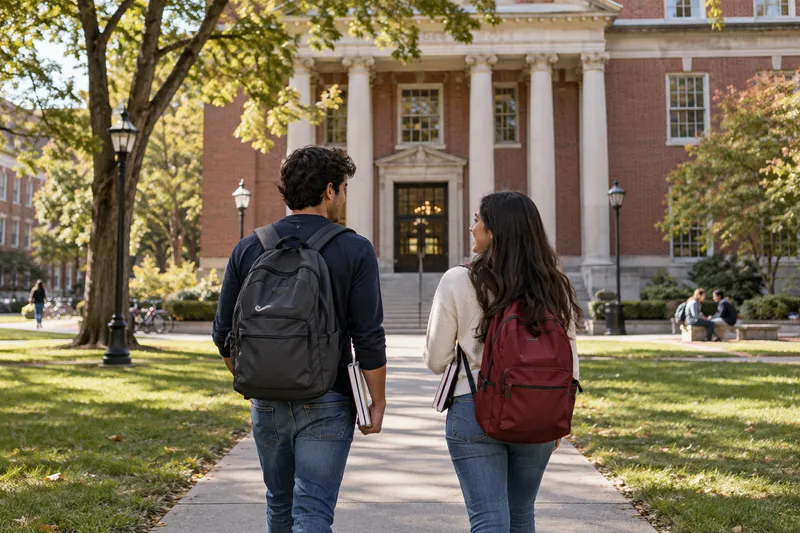 Estudiantes con mochilas en un campus universitario, imagen ilustrativa de estudios en Estados Unidos.