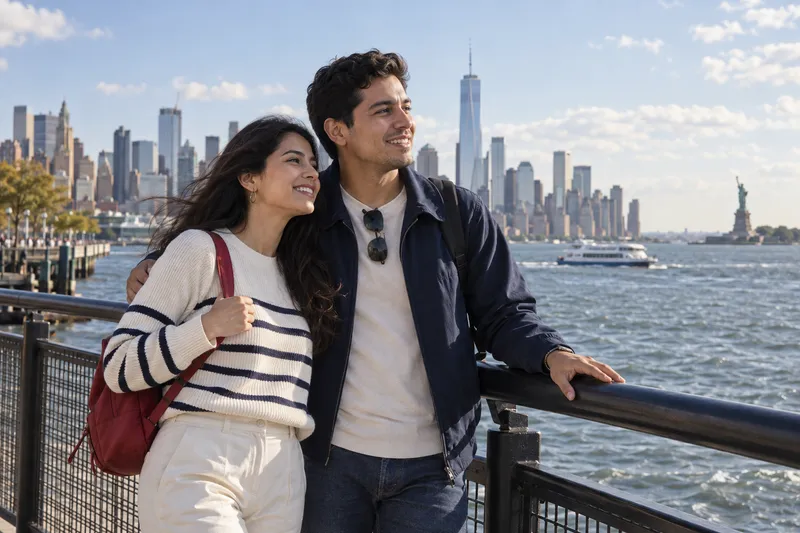 Viajeros frente al horizonte de Nueva York, imagen ilustrativa de un viaje de turismo.
