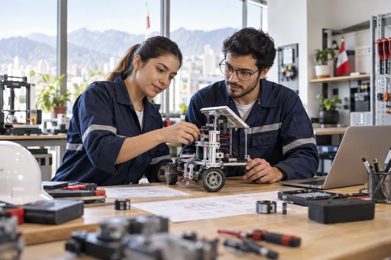 Profesionales colaborando en un taller de ingeniería, imagen ilustrativa de una actividad laboral.
